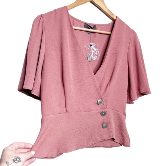 Primark Womens Short Sleeve Wrap Button Dusty Rose Peplum Formal Crop Top Blouse - Picture 2 of 16